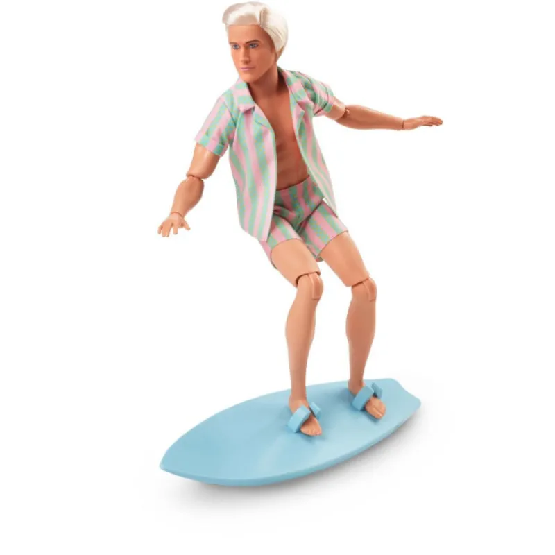 Barbie The Movie Muñeco Ken con Conjunto de Playa a Rayas Rosa y Verde Pastel, Tabla de Surf y Zapatillas> Fan Zone|Muñecas