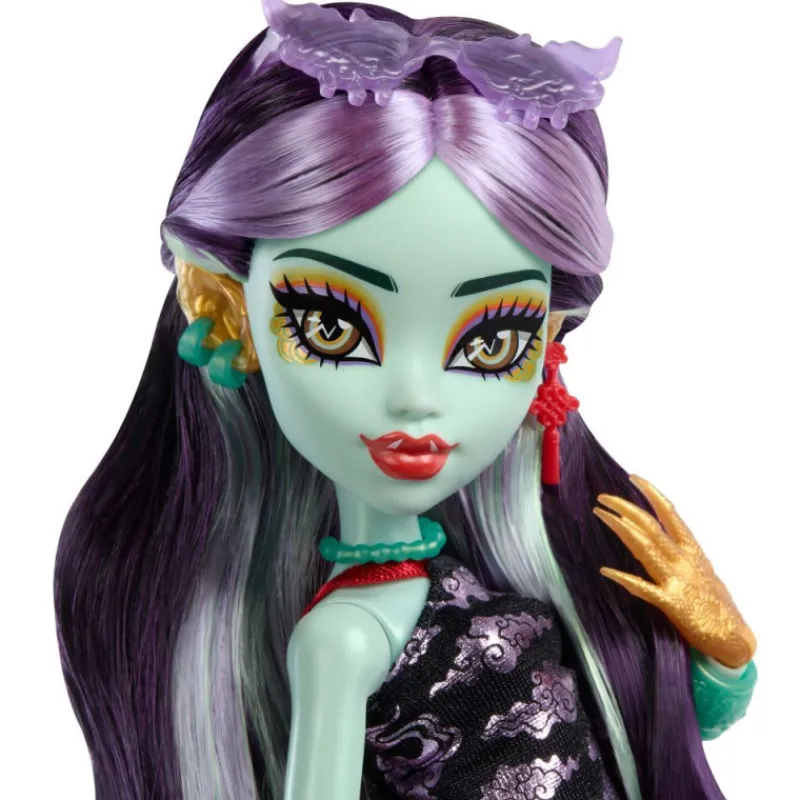 Monster high Jinafire Long Muñeca, Chica Dragón con Perrito Mascota Cloudy Yun Yun y 7 Accesorios> Muñecas