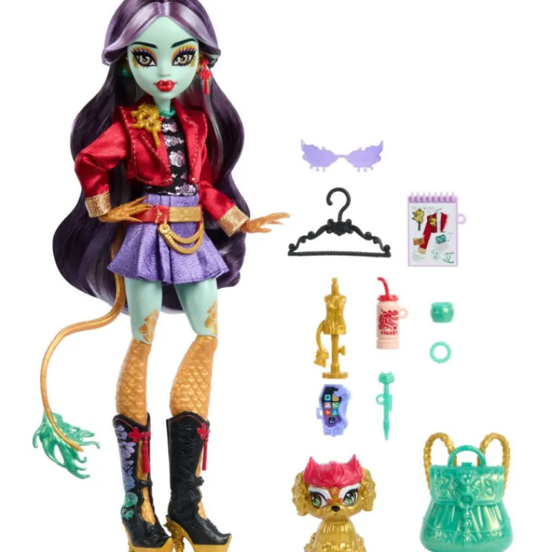 Monster high Jinafire Long Muñeca, Chica Dragón con Perrito Mascota Cloudy Yun Yun y 7 Accesorios> Muñecas