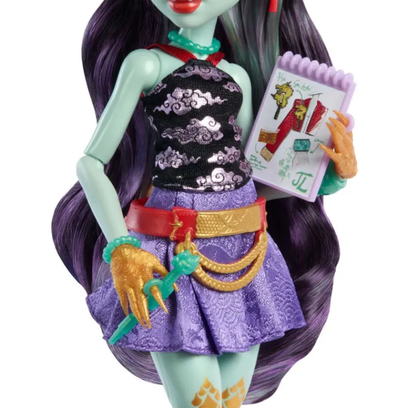 Monster high Jinafire Long Muñeca, Chica Dragón con Perrito Mascota Cloudy Yun Yun y 7 Accesorios> Muñecas